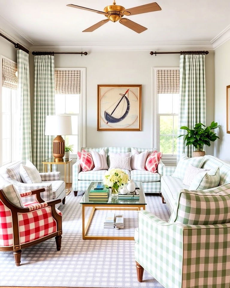 preppy living room with playful gingham patterns