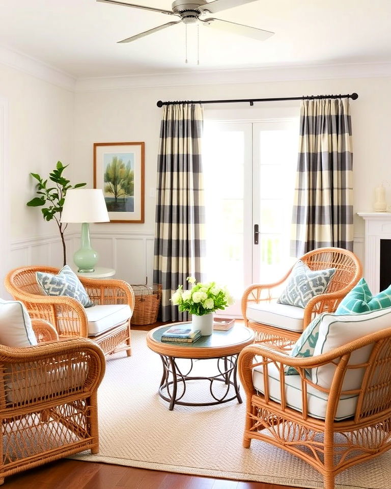 preppy living room with rustic rattan furniture