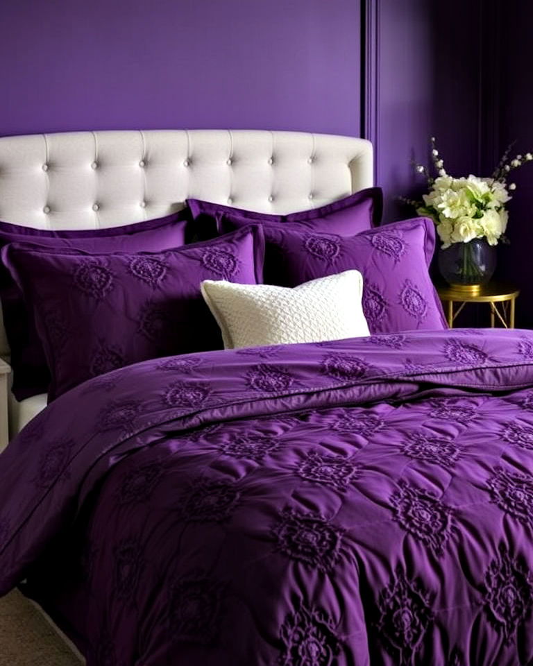 purple bedding with textured fabrics