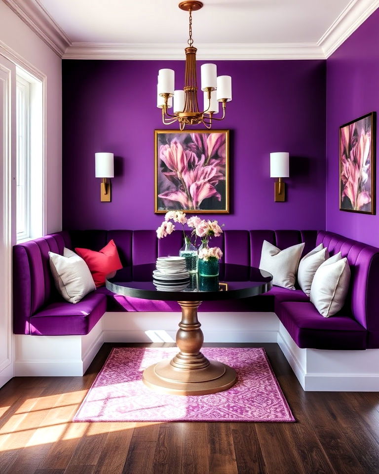 purple upholstered banquette seating
