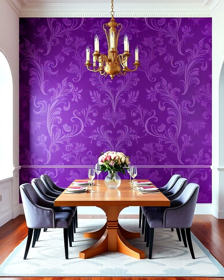 purple wallpaper feature wall for dining room