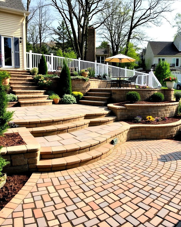 raised cobblestone patio with steps