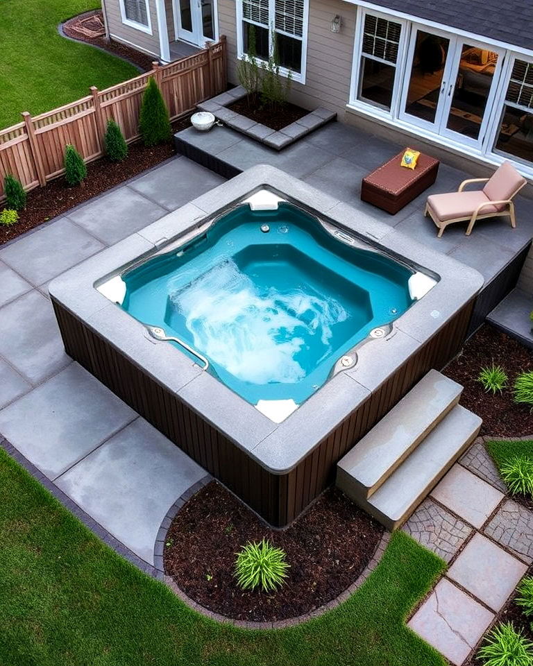 raised concrete patio with built in hot tub