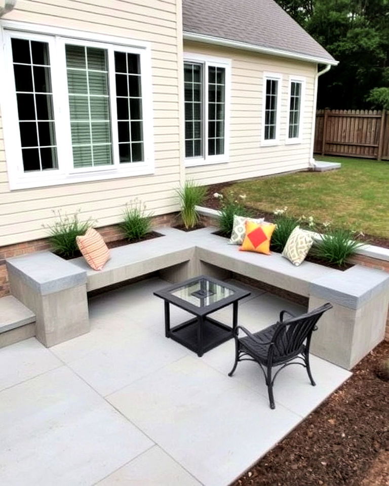 raised concrete patio with built in seating