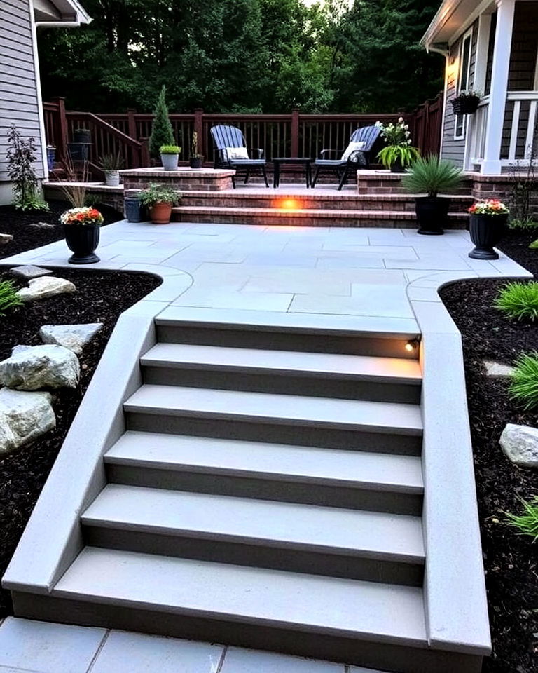 raised patio with concrete steps