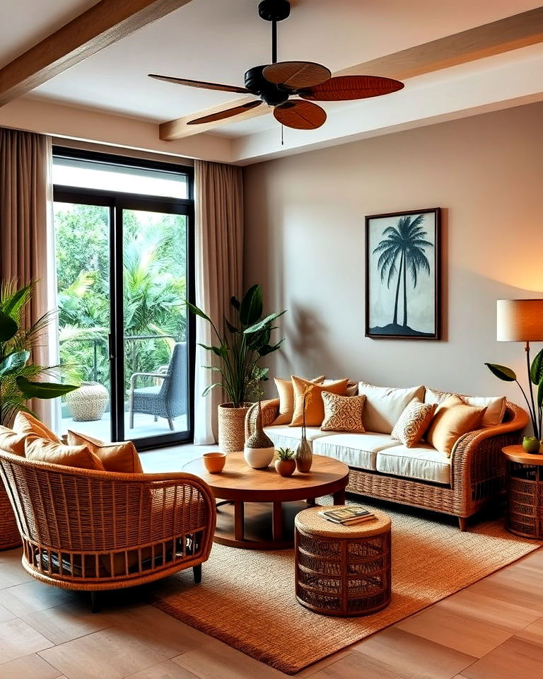 rattan and brown living room for a tropical touch