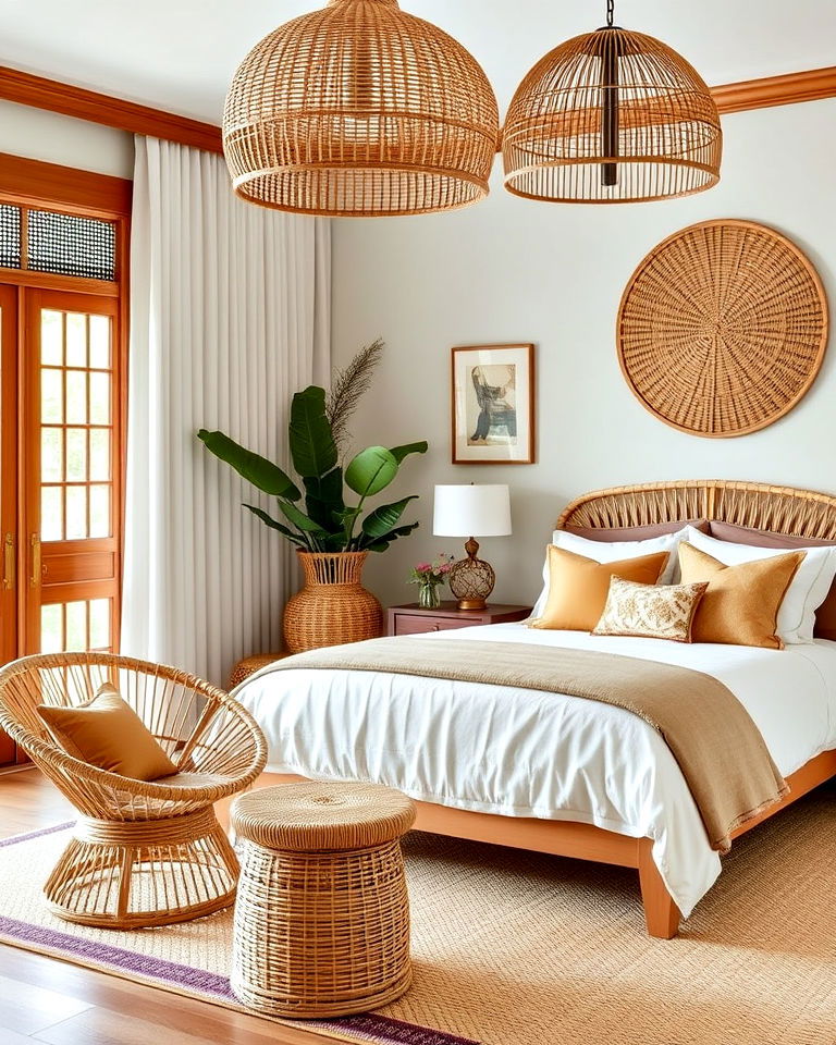 rattan furniture and accents for an asian bedroom