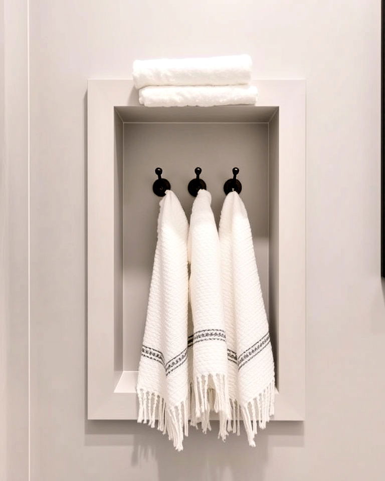 recessed bathroom wall niche with towel hooks