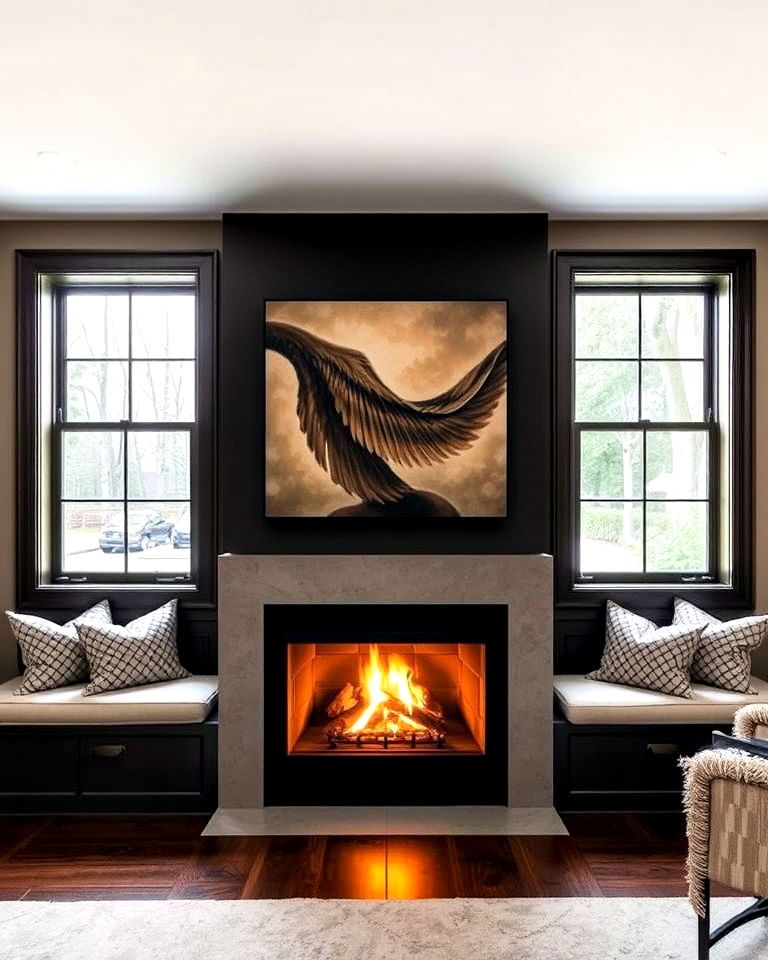 recessed fireplace with built in window bench