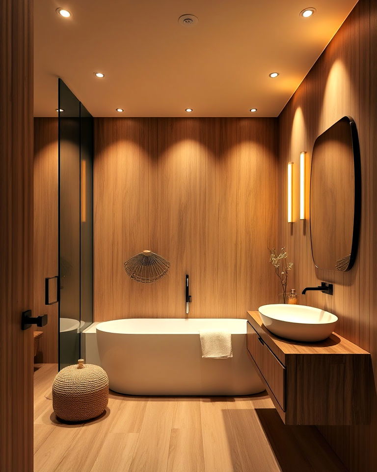 recessed lighting for ambience in japandi bathroom