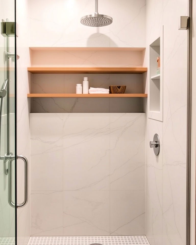 recessed shelving for extra walk in shower storage