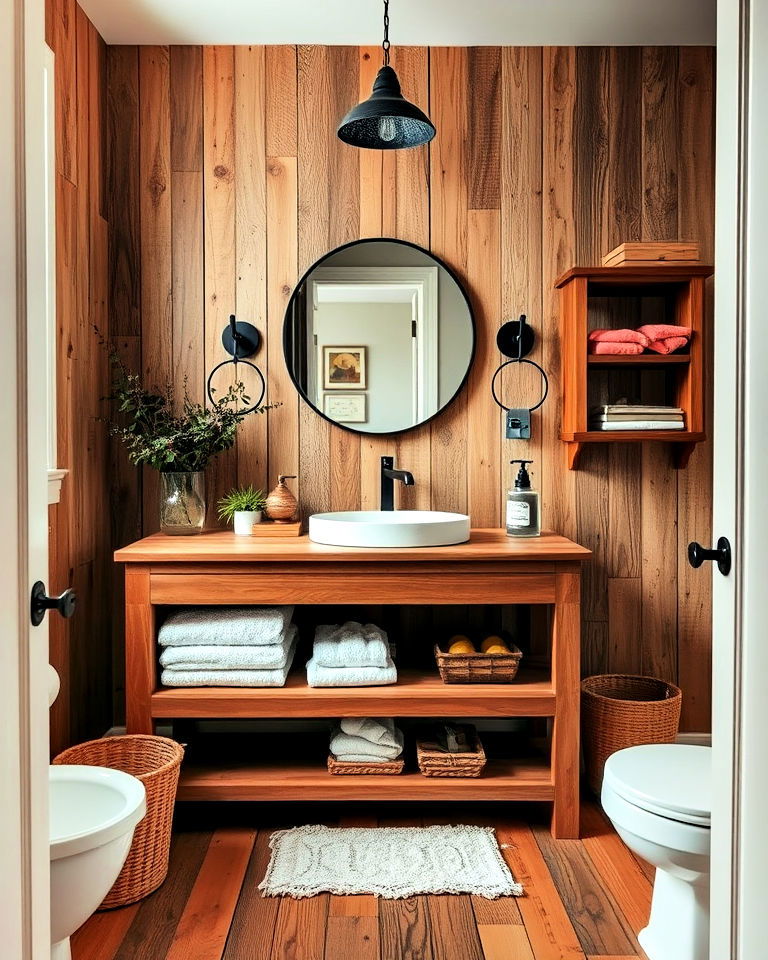 reclaimed wood accents for eclectic bathroom