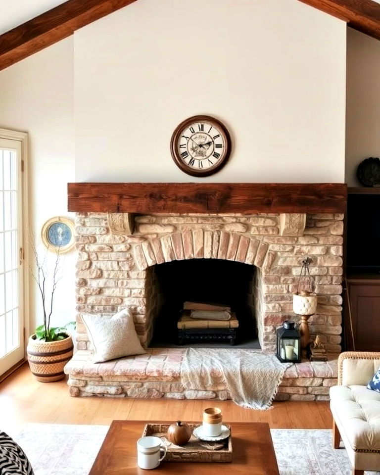 reclaimed wood beam mantel for french country living room