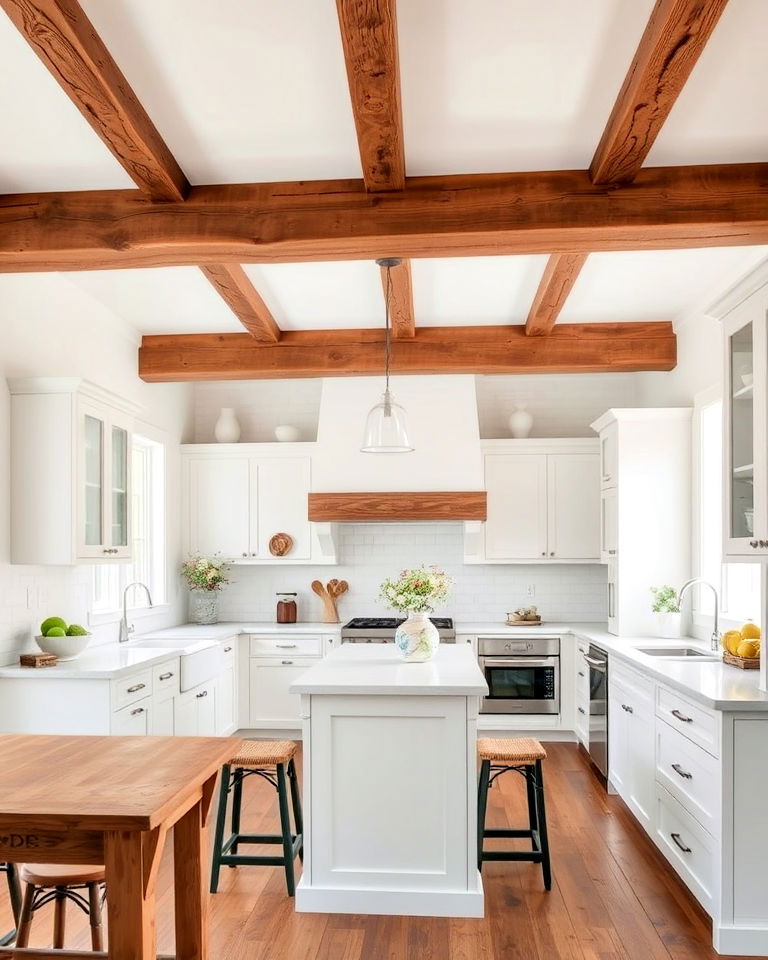 reclaimed wood beams with white accents