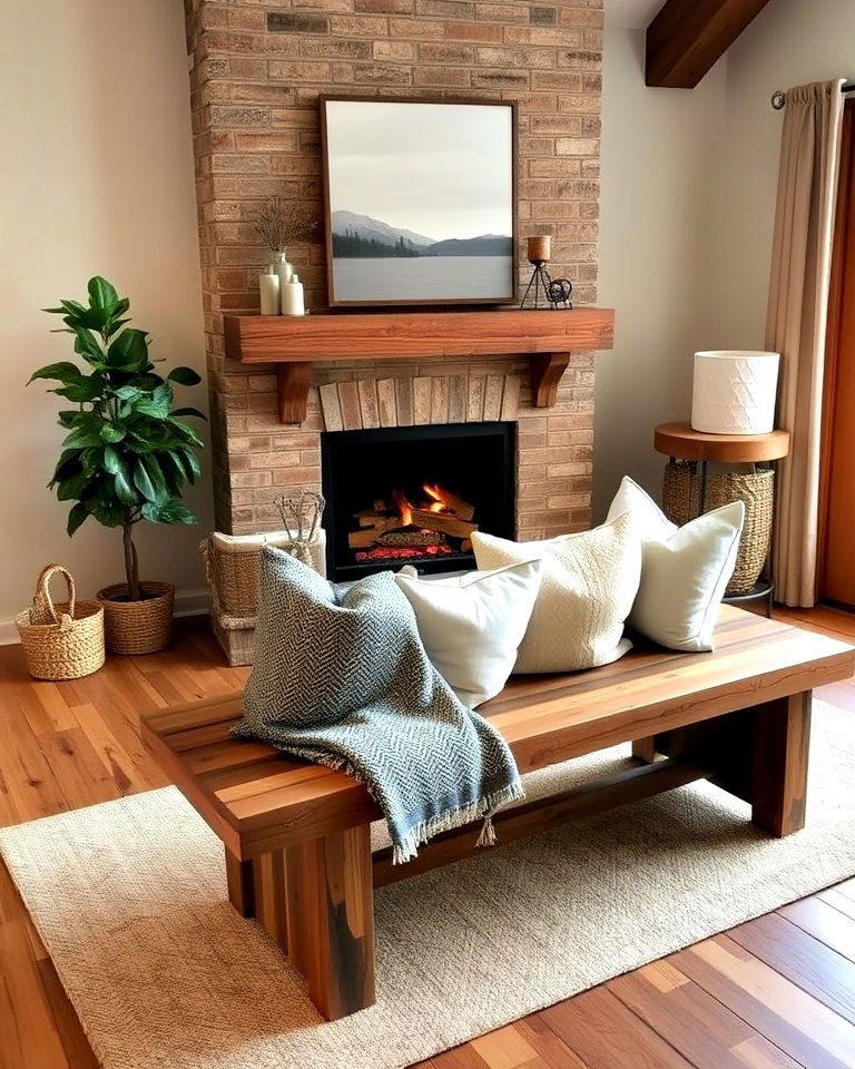 reclaimed wood bench for rustic fireplace seating