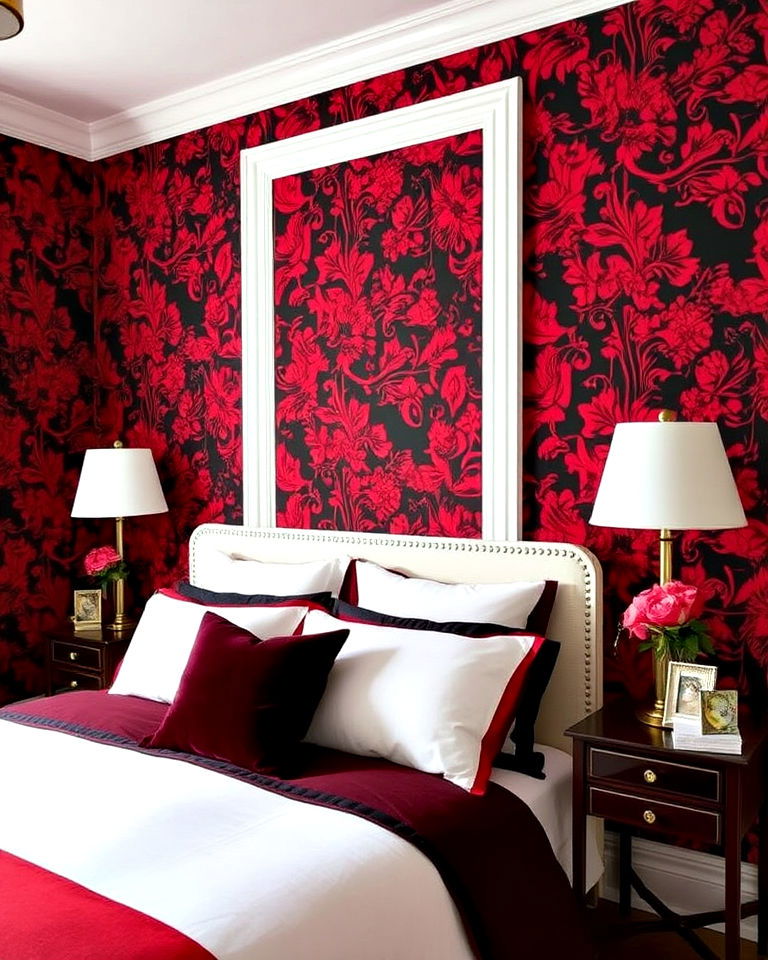 red and black floral bedroom wallpaper with white trim