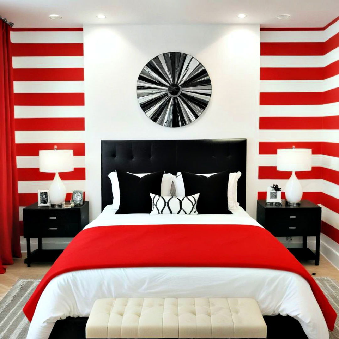 red and white striped bedroom walls with black accents