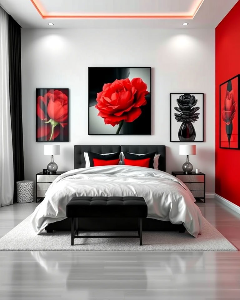 red bedroom wall art with a black and white base