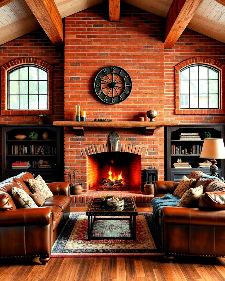red brick fireplace with leather furniture