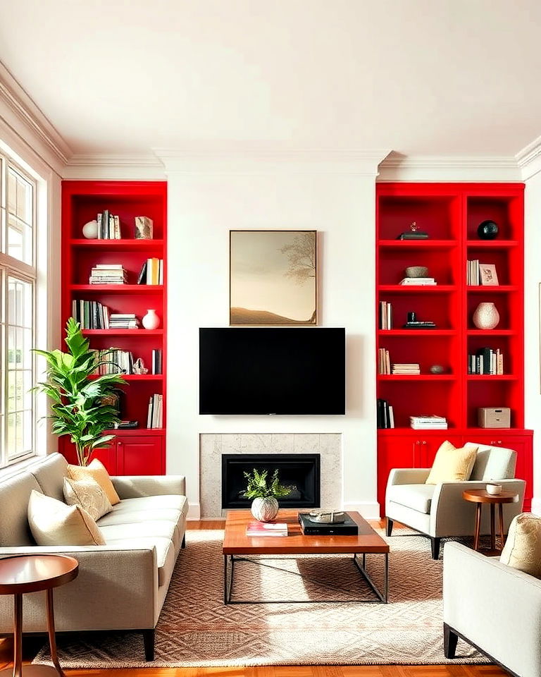 red built in shelving