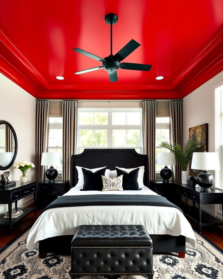 red ceiling with black and white bedroom decor