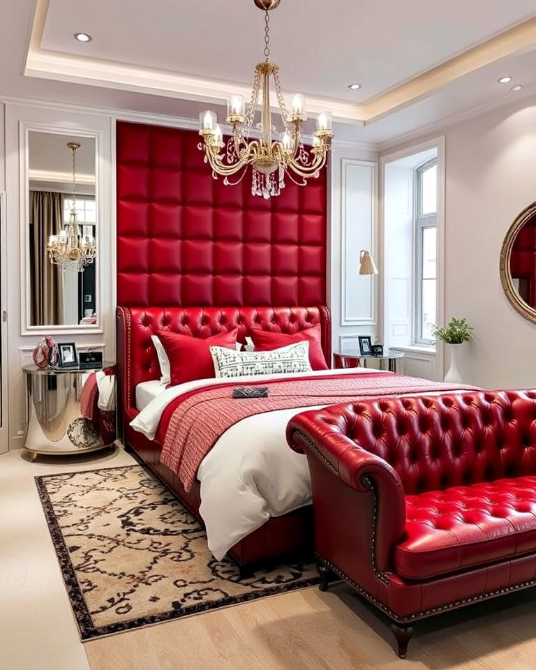 red leather upholstery with white bedroom walls