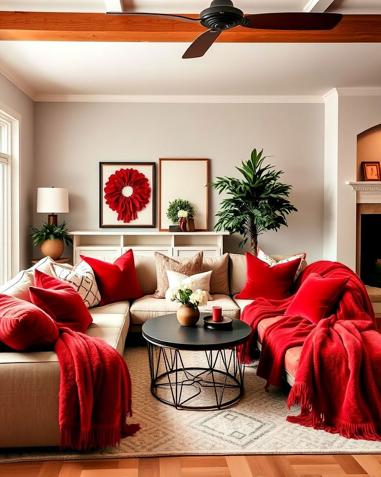 red pillows and throws