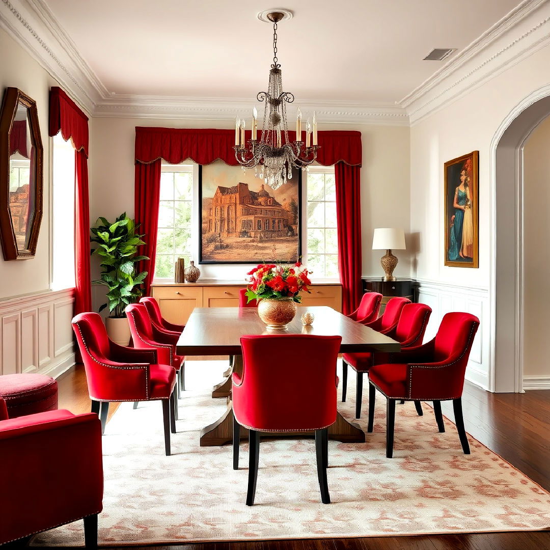red upholstered dining chairs