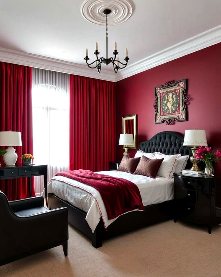 red velvet curtains with black bedroom furniture