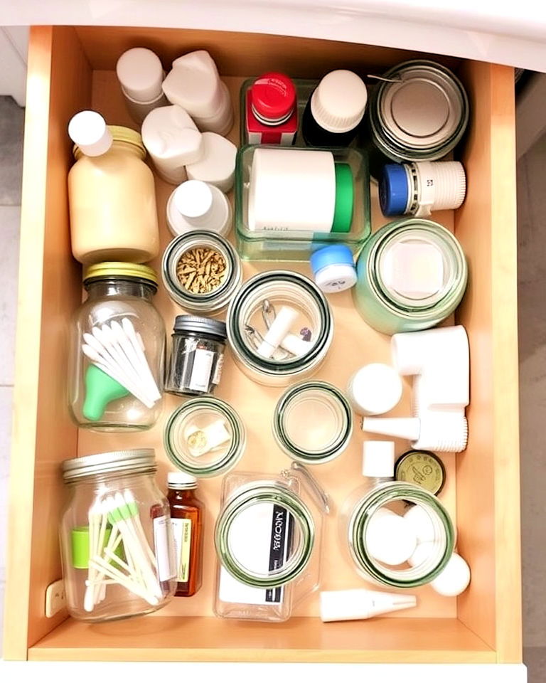repurpose small jars to store tiny items