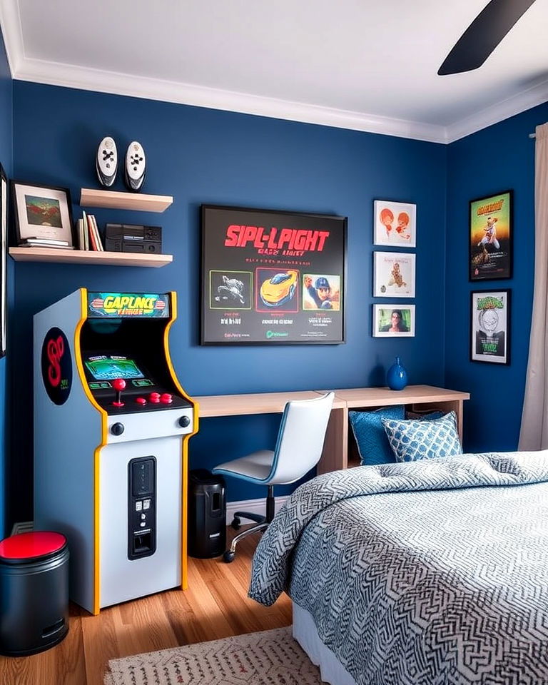 retro arcade corner in a boys gaming bedroom