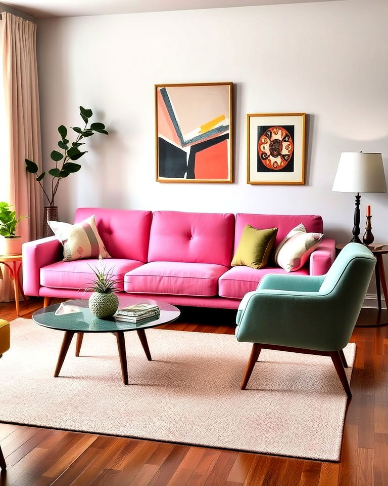retro pink couch and mid century modern decor