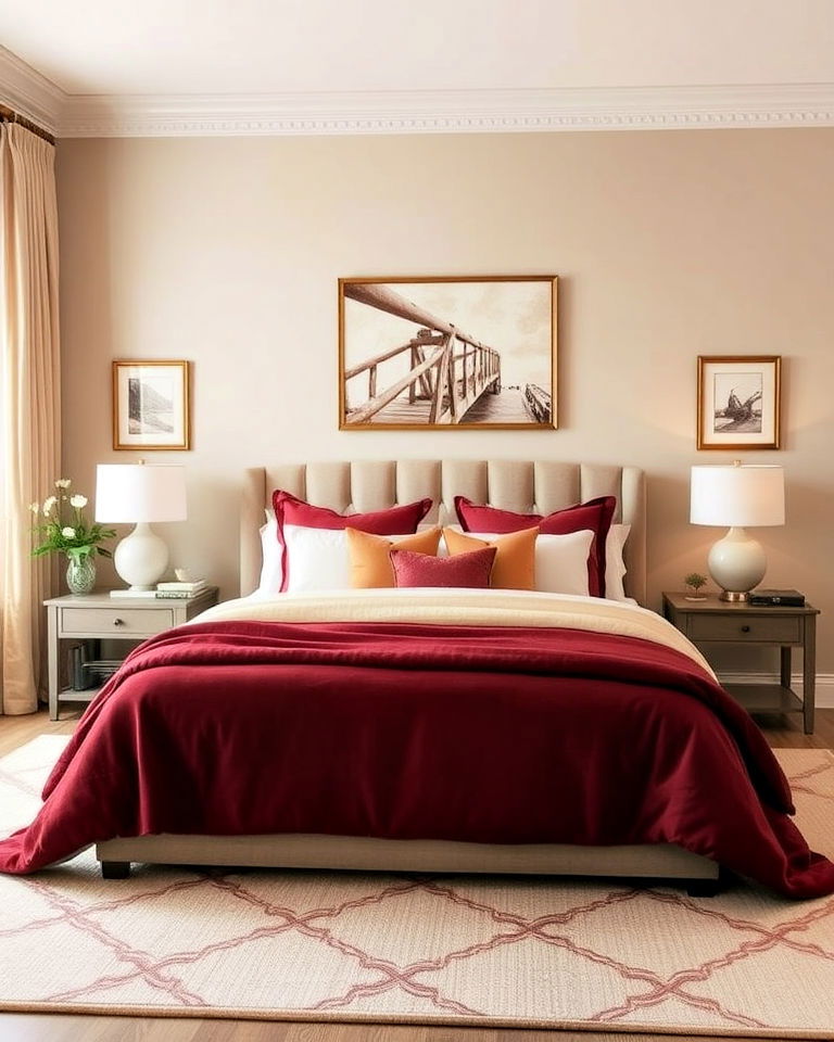 rich and cozy burgundy and beige bedroom