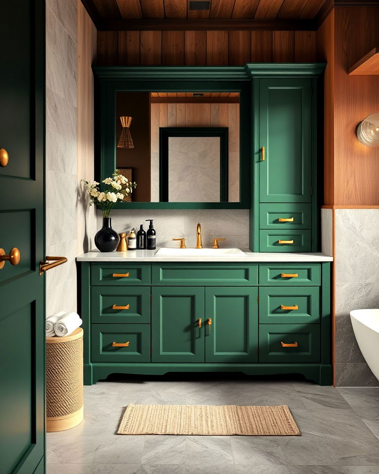 rich earthy forest green bathroom cabinets