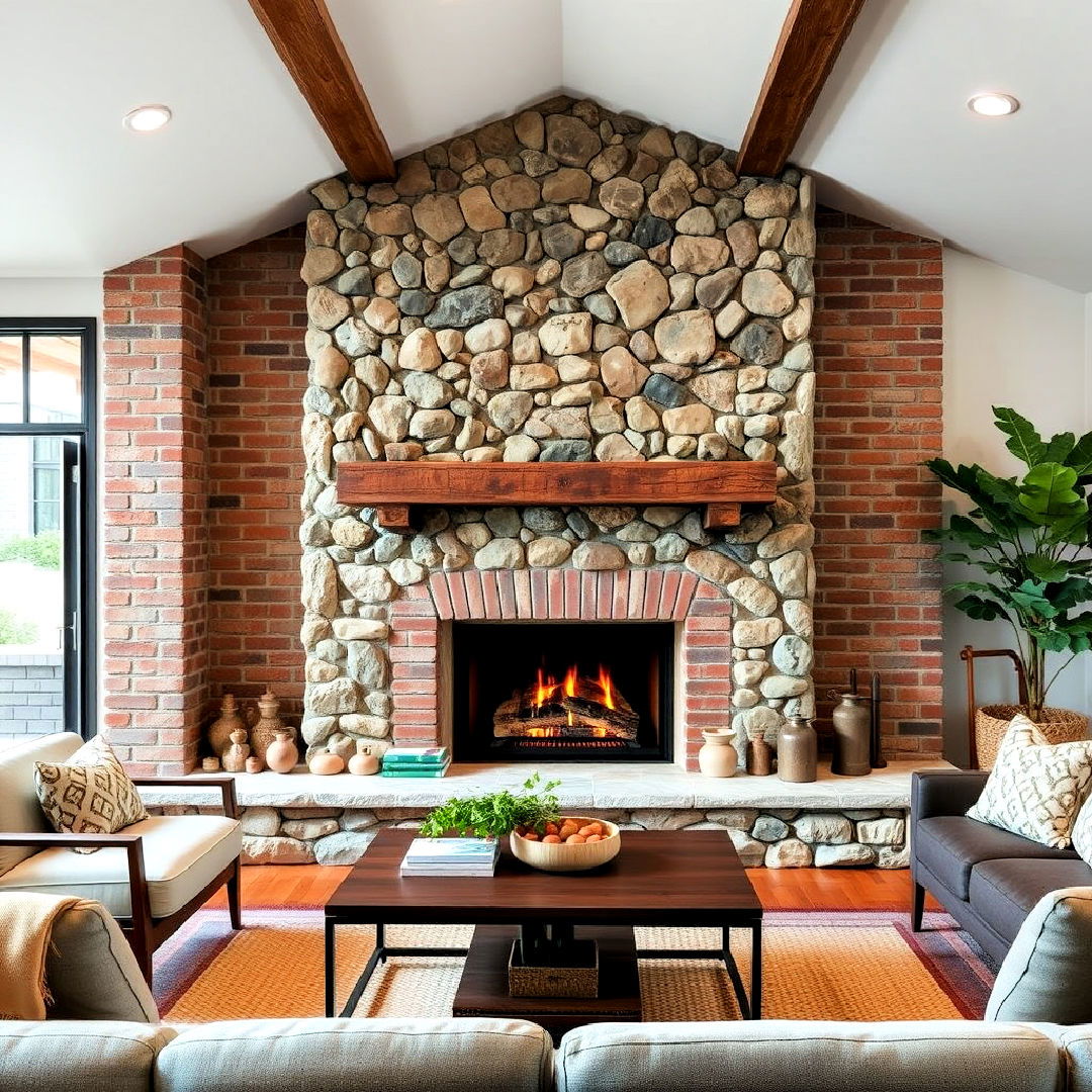 river rock and brick fireplace combo