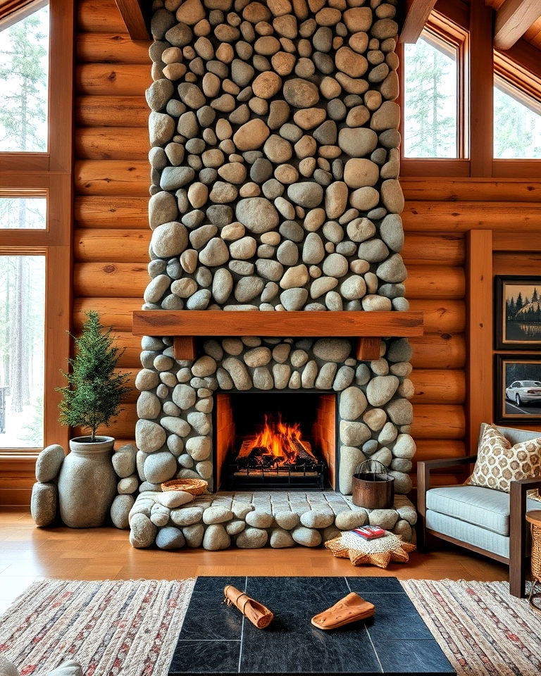 river rock cabin fireplace