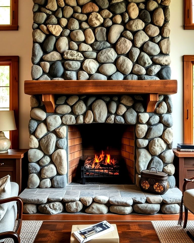 river rock craftsman fireplace