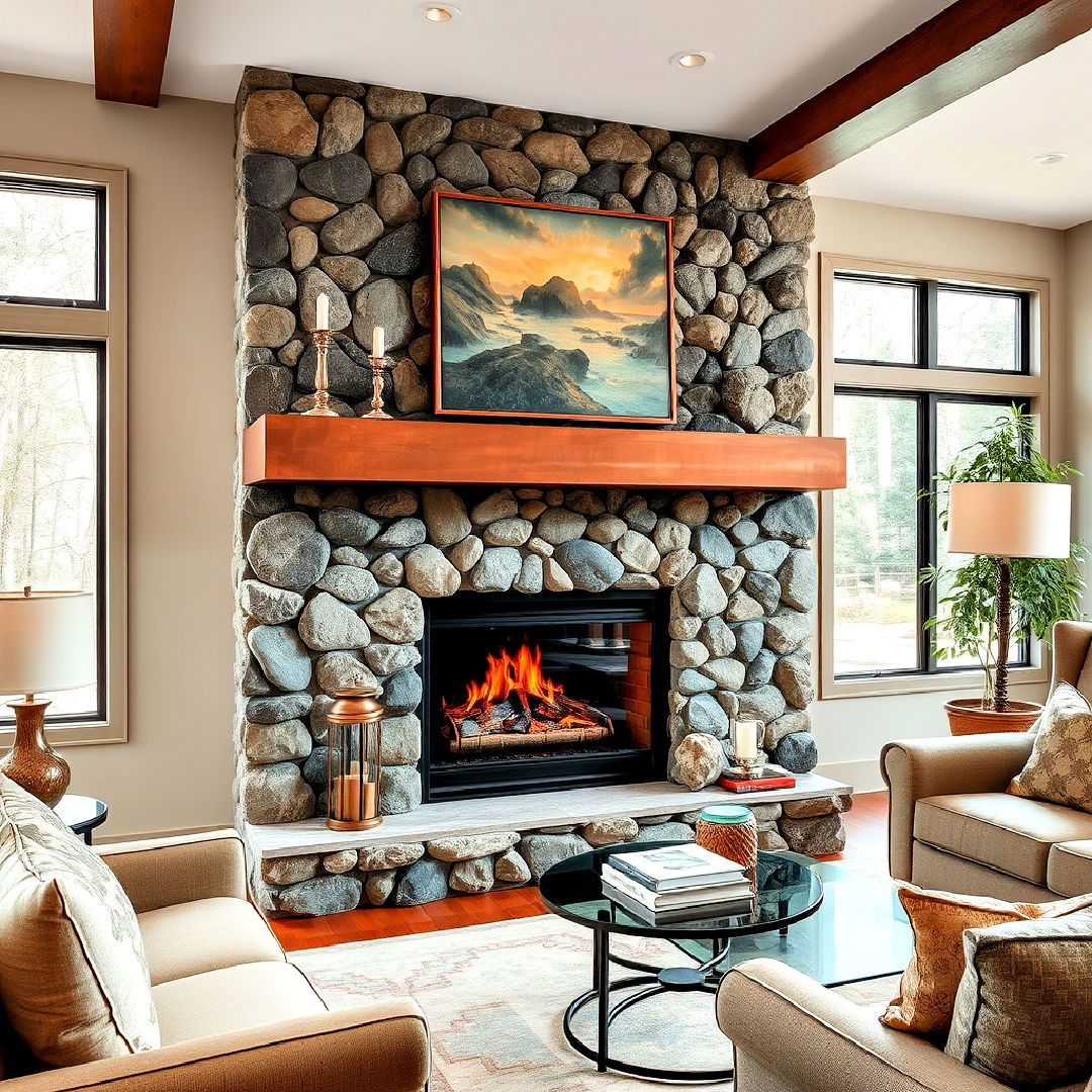 river rock fireplace with a copper mantel