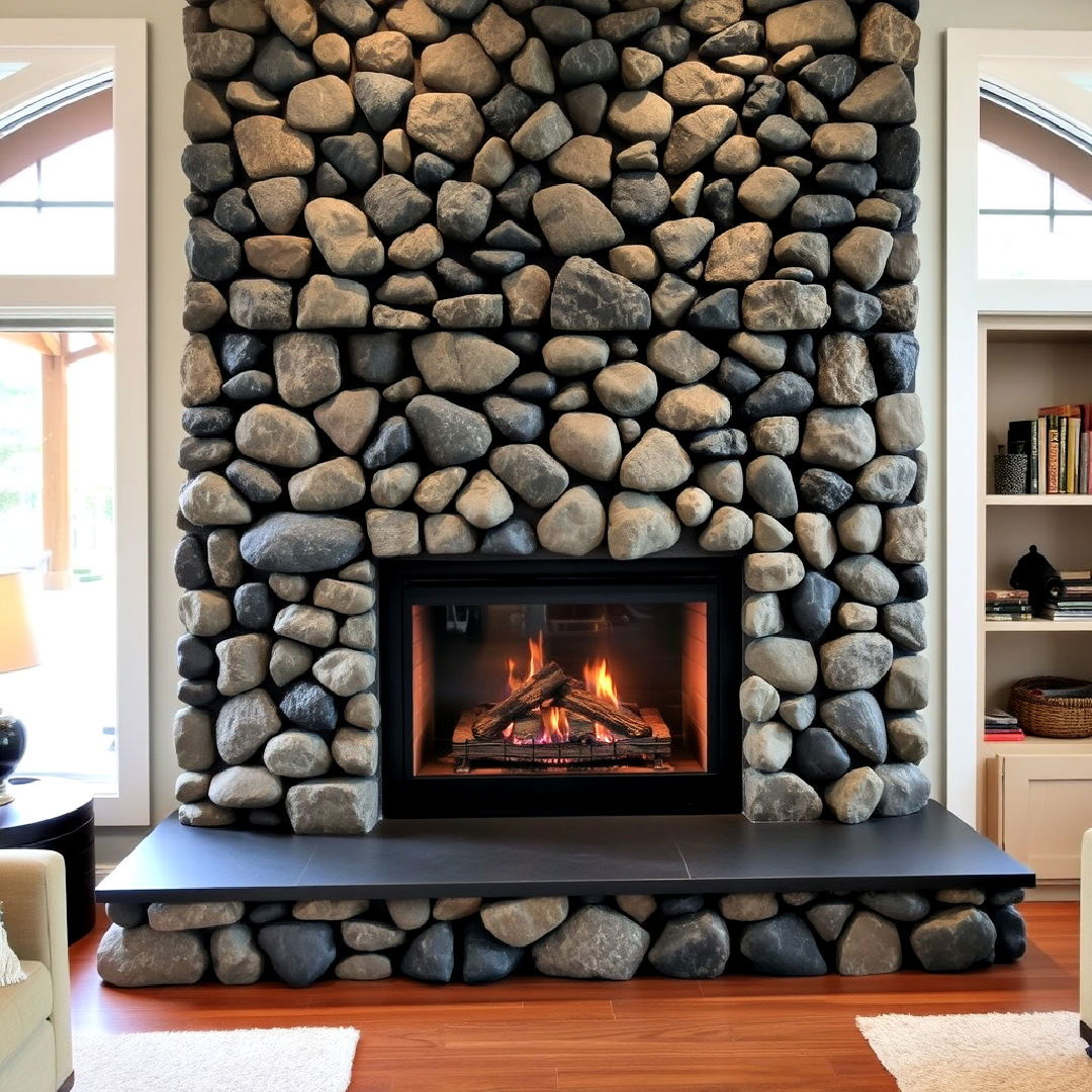 river rock fireplace with a slate hearth