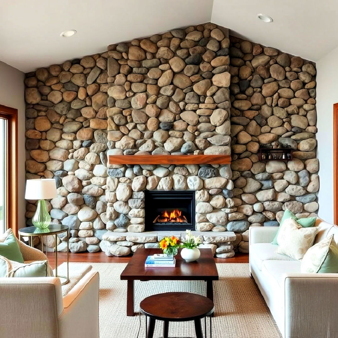 river rock fireplace with accent wall