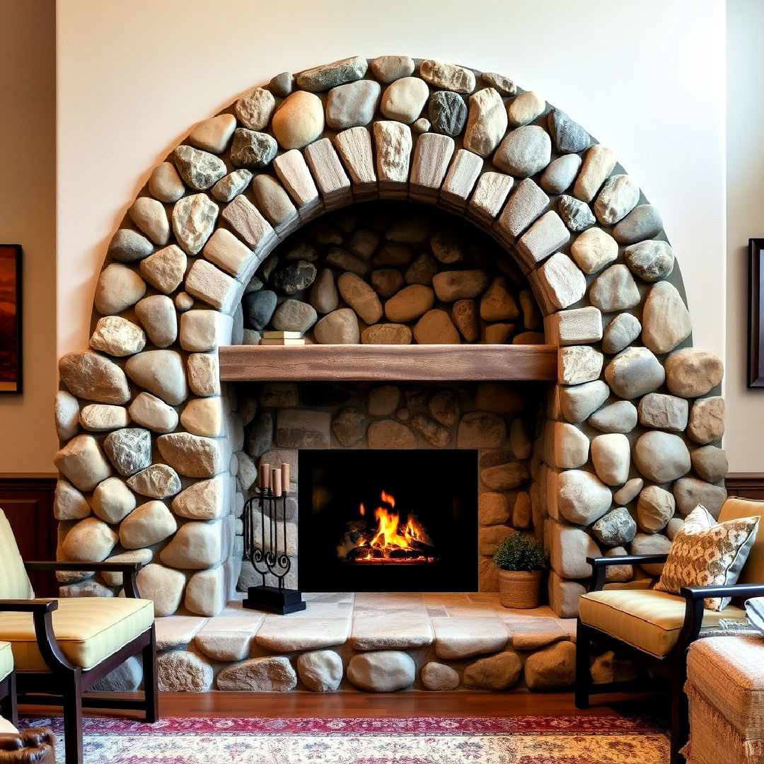 river rock fireplace with arched opening