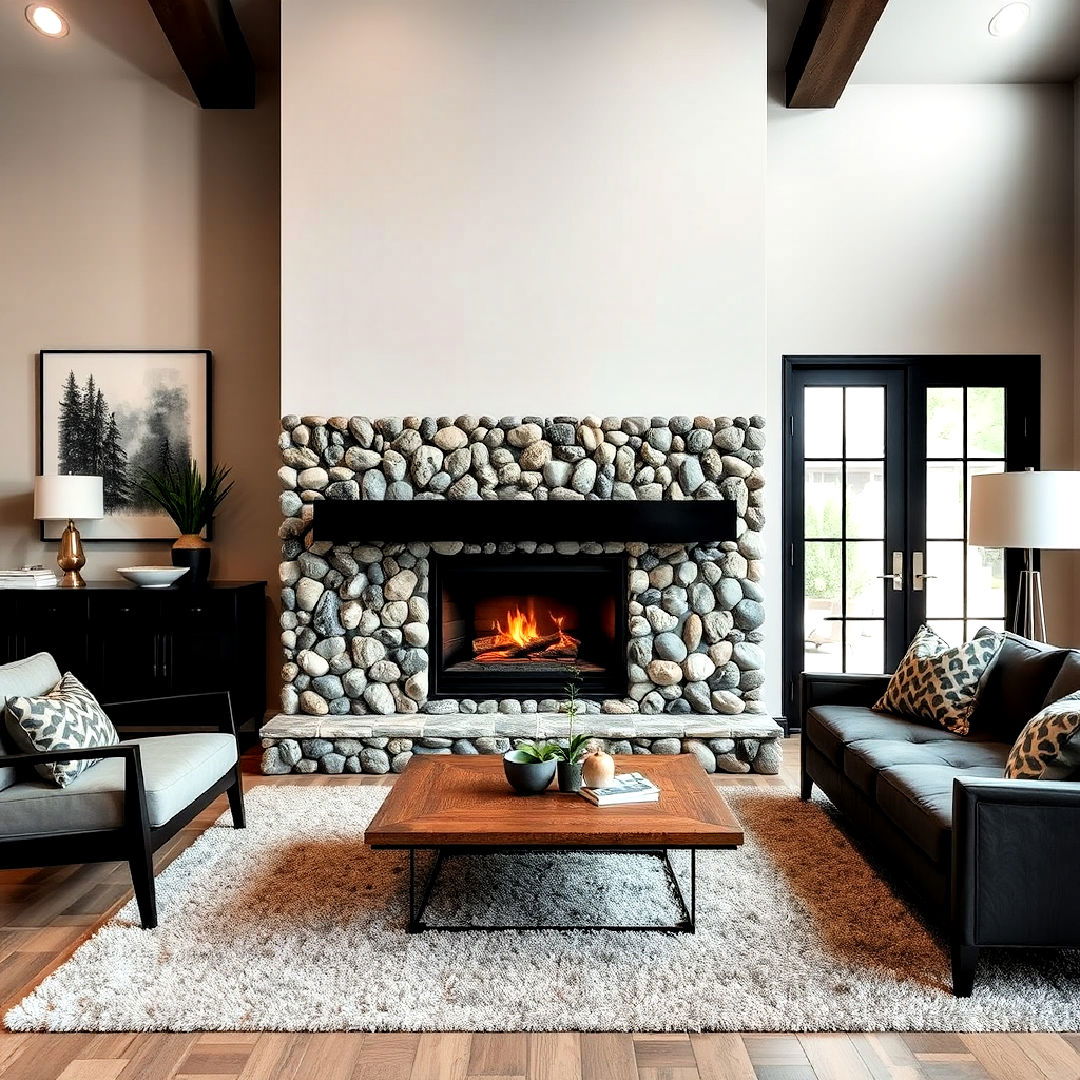 river rock fireplace with black accents