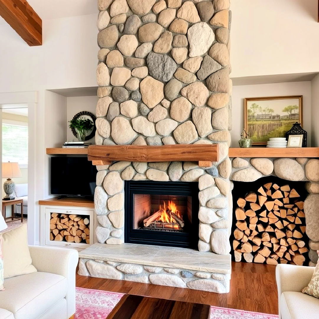 river rock fireplace with built in firewood storage