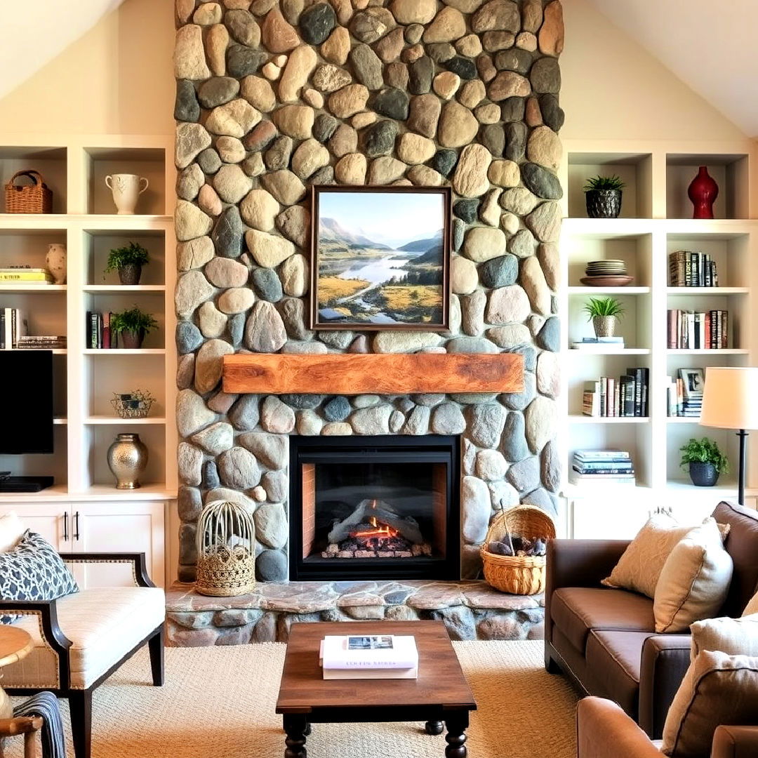 river rock fireplace with built in shelving