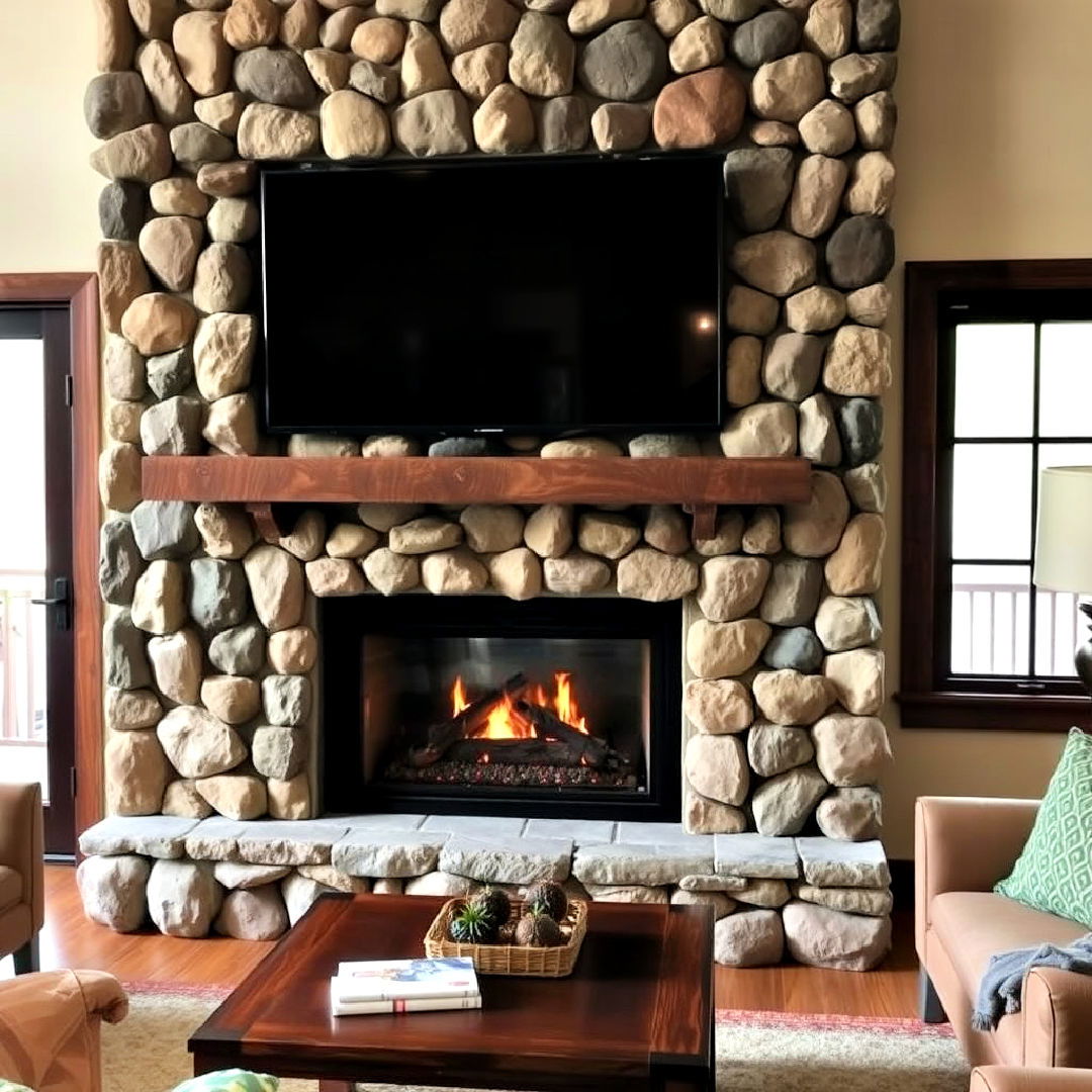 river rock fireplace with built in television