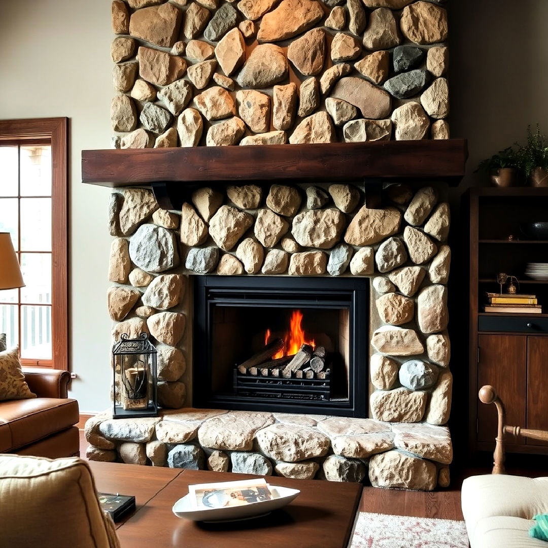 river rock fireplace with cast iron insert