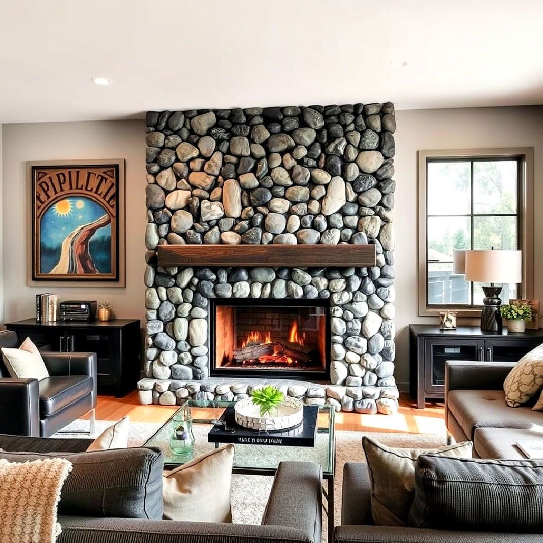 river rock fireplace with dark grout