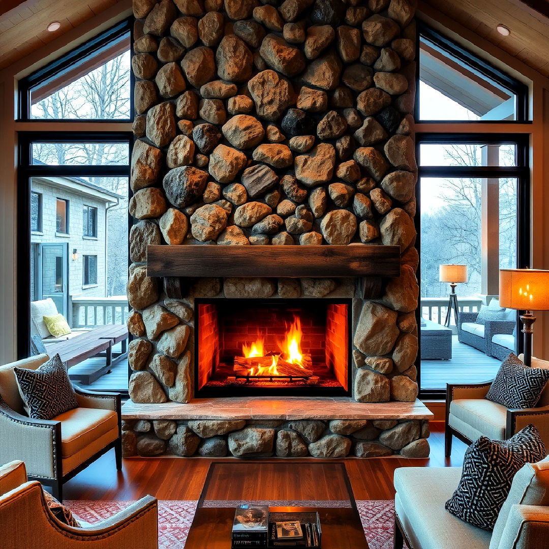 river rock fireplace with glass doors