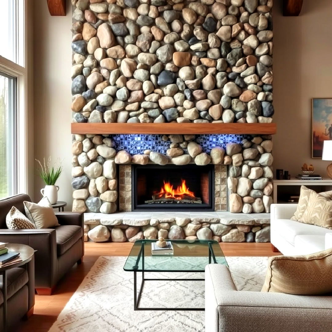 river rock fireplace with glass tile accents