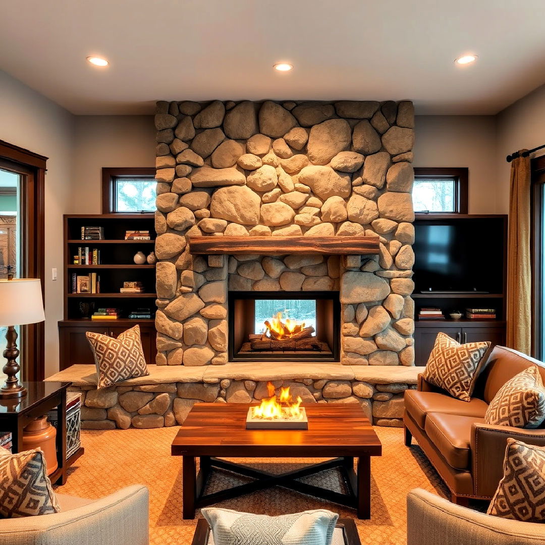 river rock fireplace with hearth seating